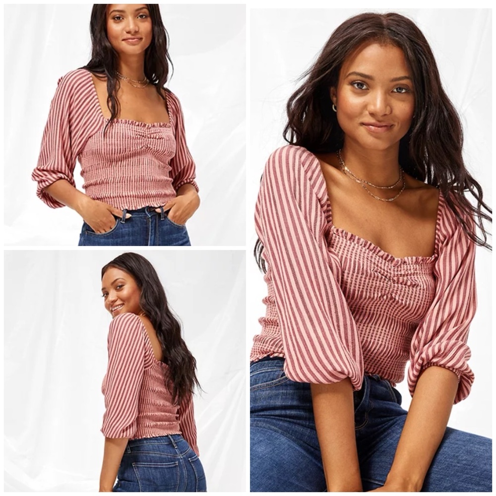 American Eagle Smocked Puff-Sleeve Blouse in pink NWT